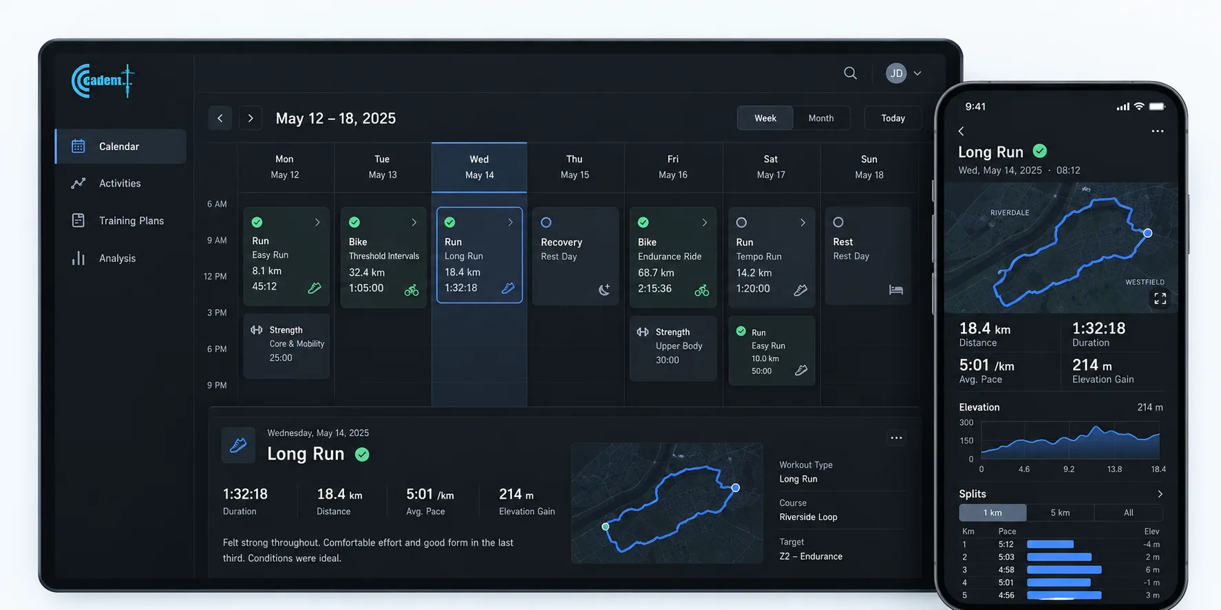Cadent training calendar on a laptop alongside a completed running activity on a phone.