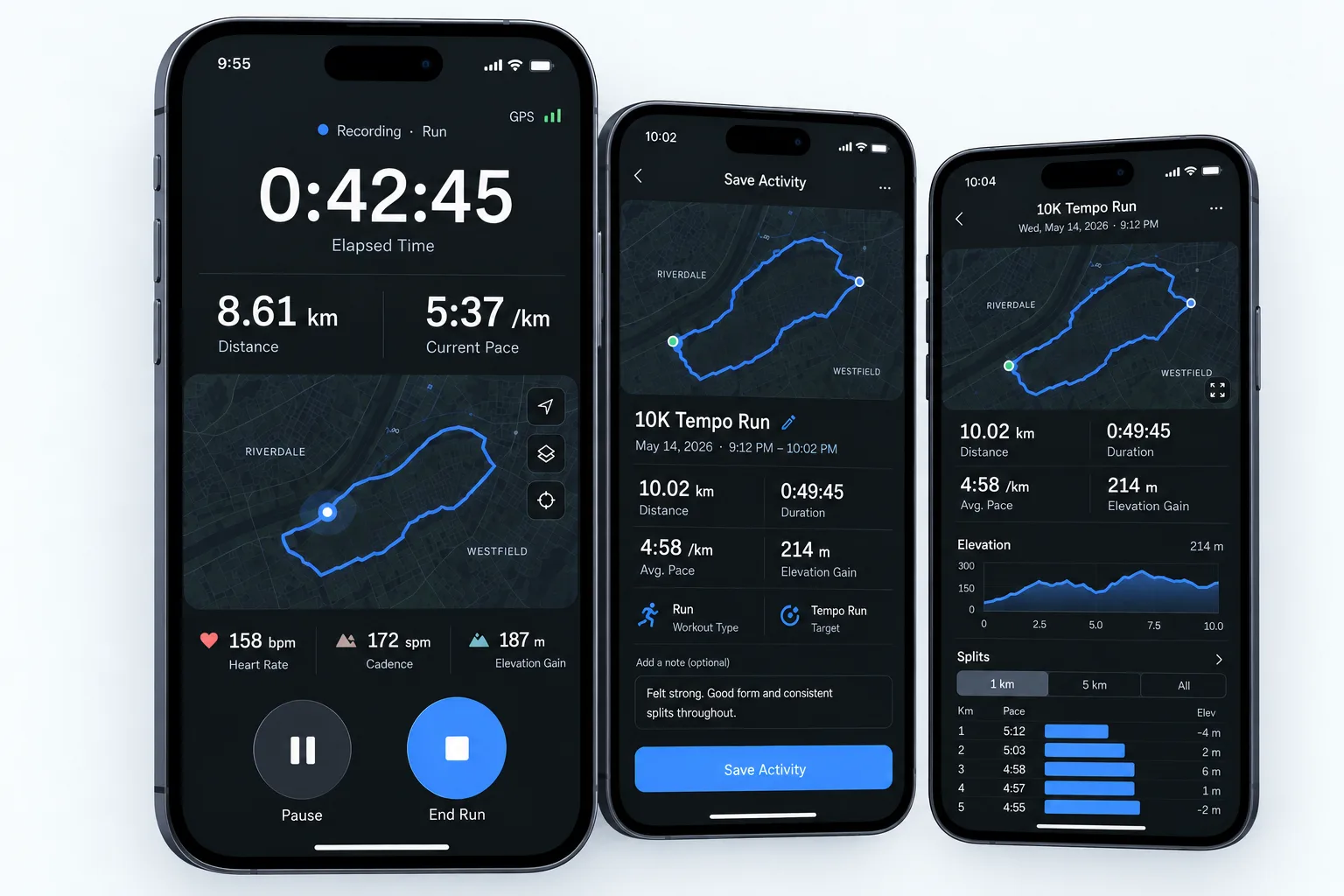 Three Cadent mobile screens showing a run being recorded, saved, and reviewed.