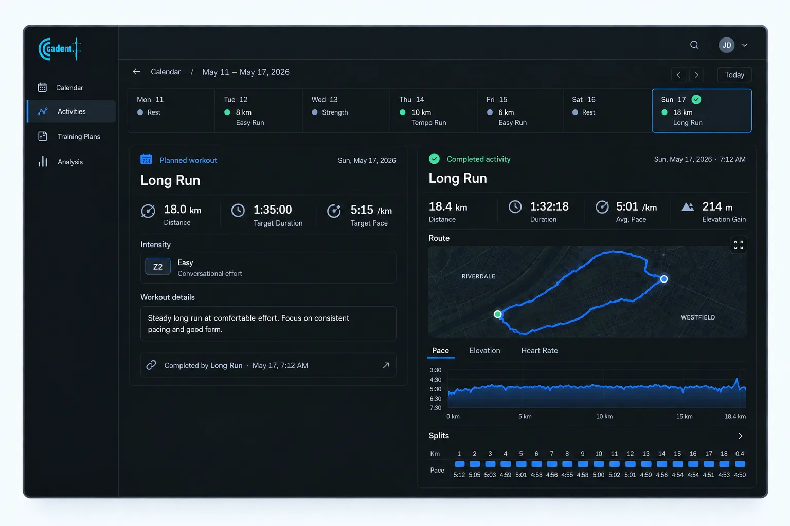 Cadent web calendar showing a planned workout beside its completed activity and recorded data.