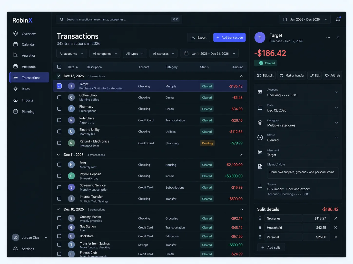 RobinX transaction list with filters and an open transaction detail panel.