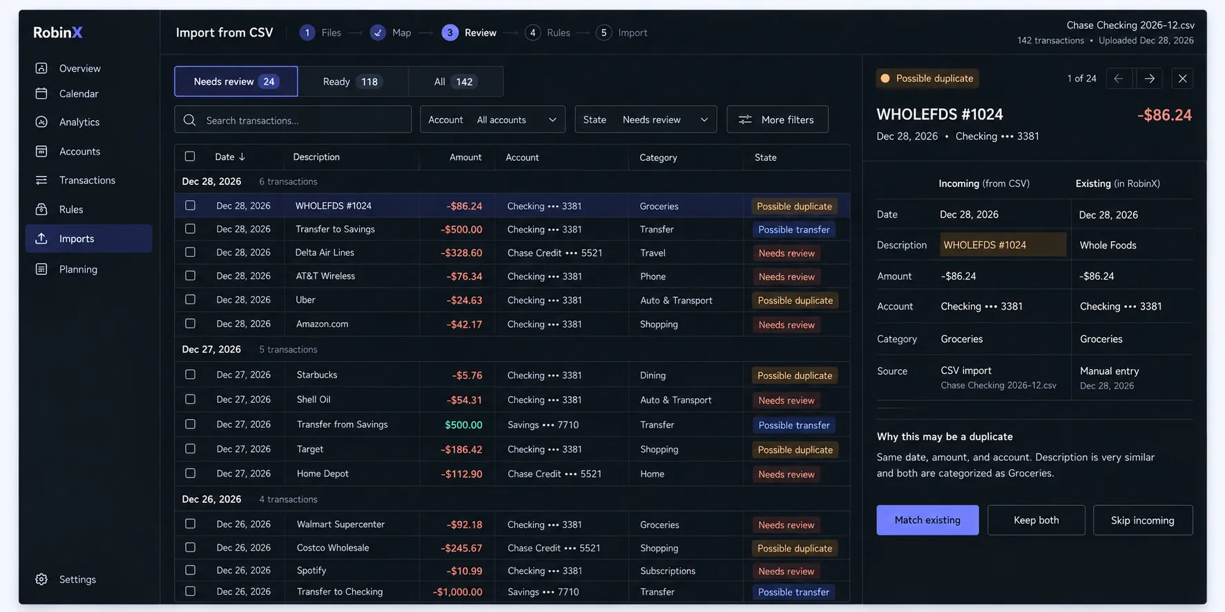 RobinX CSV import review with transaction matching controls and imported record details.