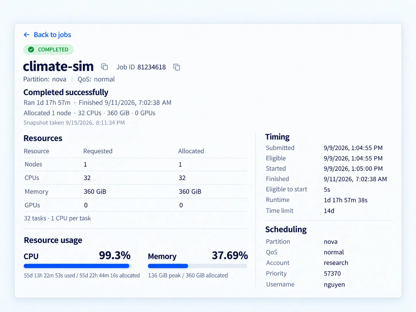 Slurm View completed-job page showing job timing, resources, scheduling data, and efficiency.