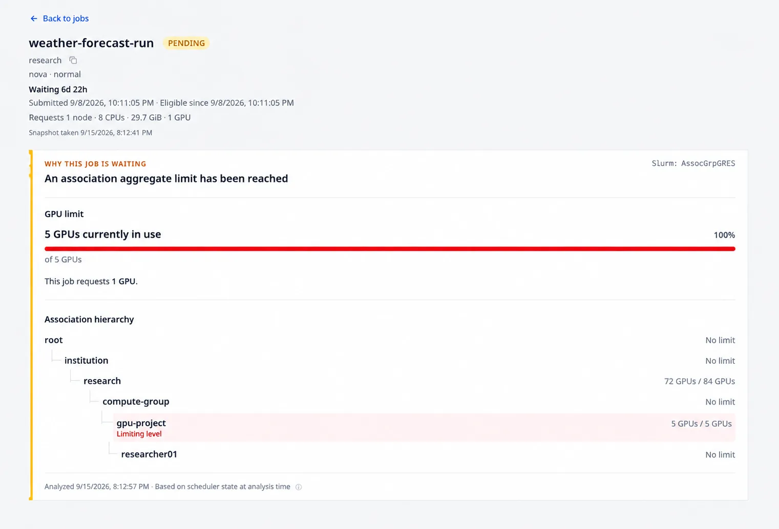 Slurm View pending-job explanation showing a GPU association limit and the relevant account hierarchy.
